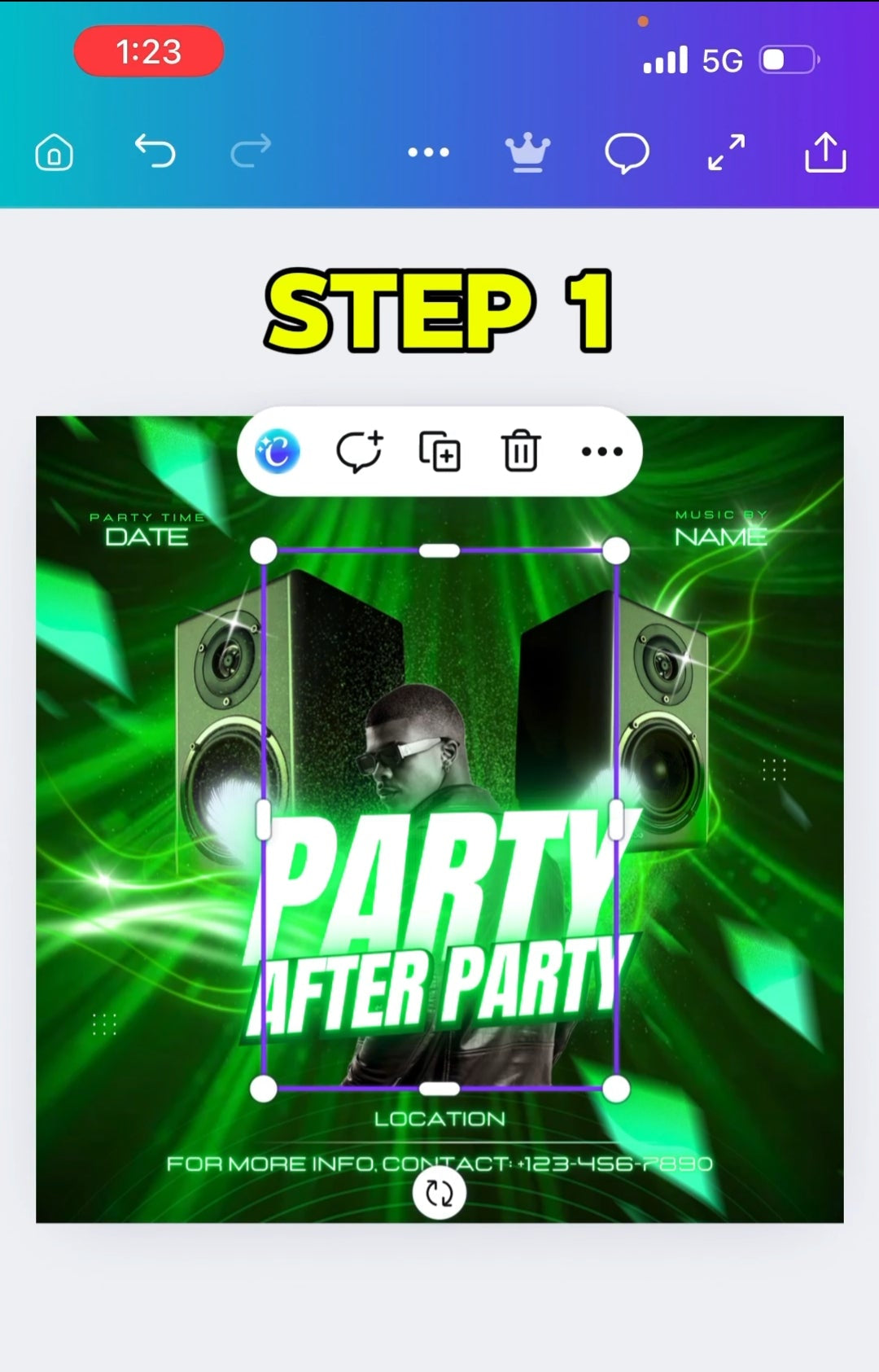 App interface for editing a party-themed flyer with green and black design.